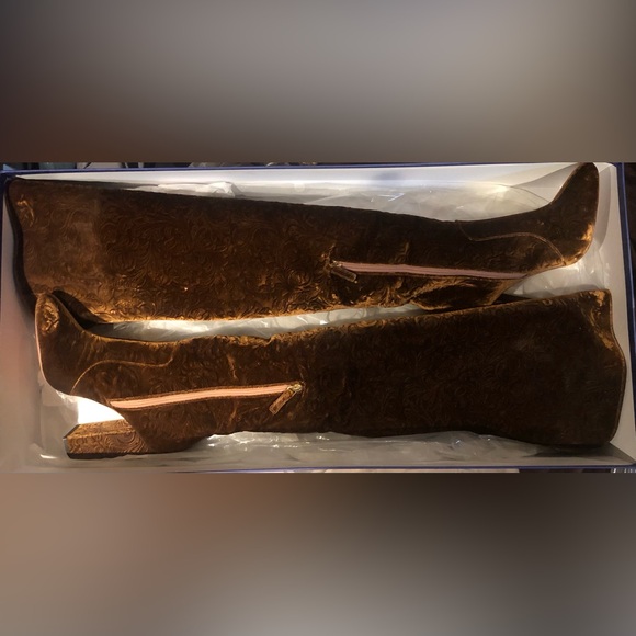 AQUAZZURA Over The Knee Thigh High Brown Velvet Brocade Block Heel Boho Boot - Picture 8 of 10